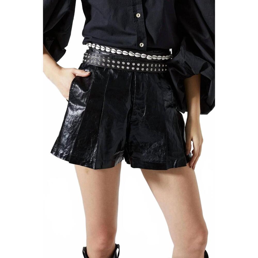 NEW LANHTROPY women's frida metallic linen shorts in black